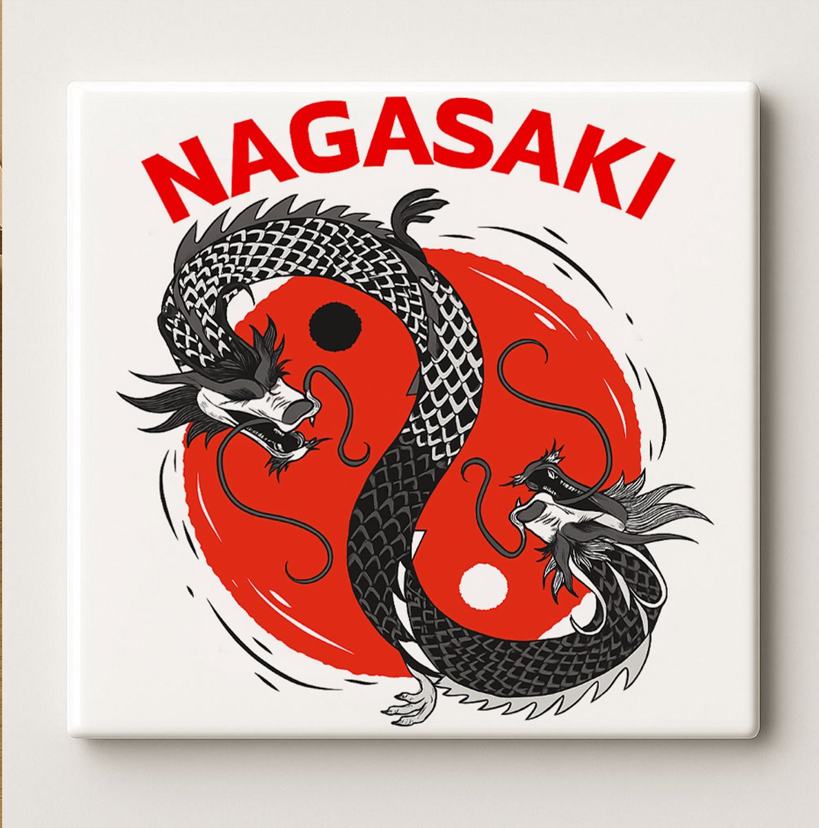 Nagasaki Draak Keramische Tegel – 15x15 cm Japans Yin Yang Ontwerp Wandtegel – Oosterse Ku