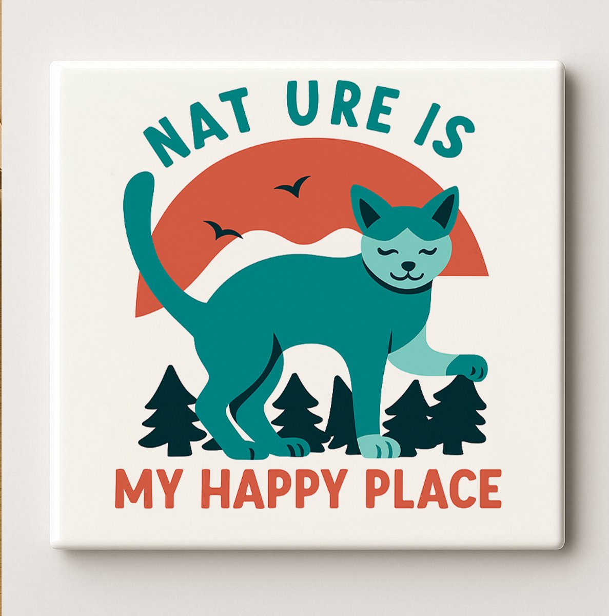 Natuur Is Mijn Happy Place Keramische Tegel – 15x15cm Schattige Kat & Zonsondergang Wandde