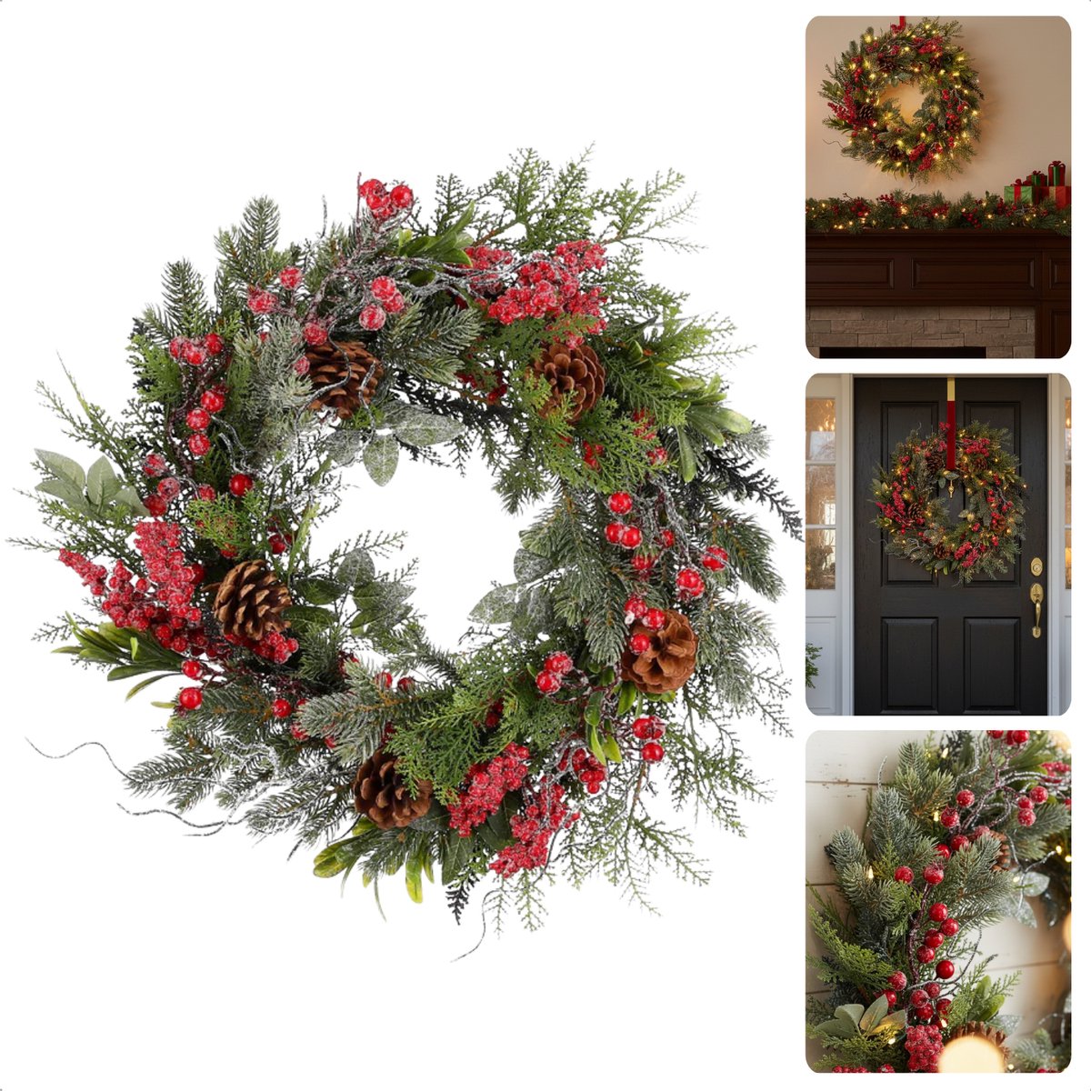Cheqo® Kerstkrans Ø50 CM - Kerst Krans - Traditionele Kerstkleuren - Groene Dennennaaldjes - Rode Besjes - Bruine Dennenappels - Witte Sneeuw Afwerking - Licht Besneeuwd Effect - Eenvoudige Ophanging - Kerstdecoratie Interieur