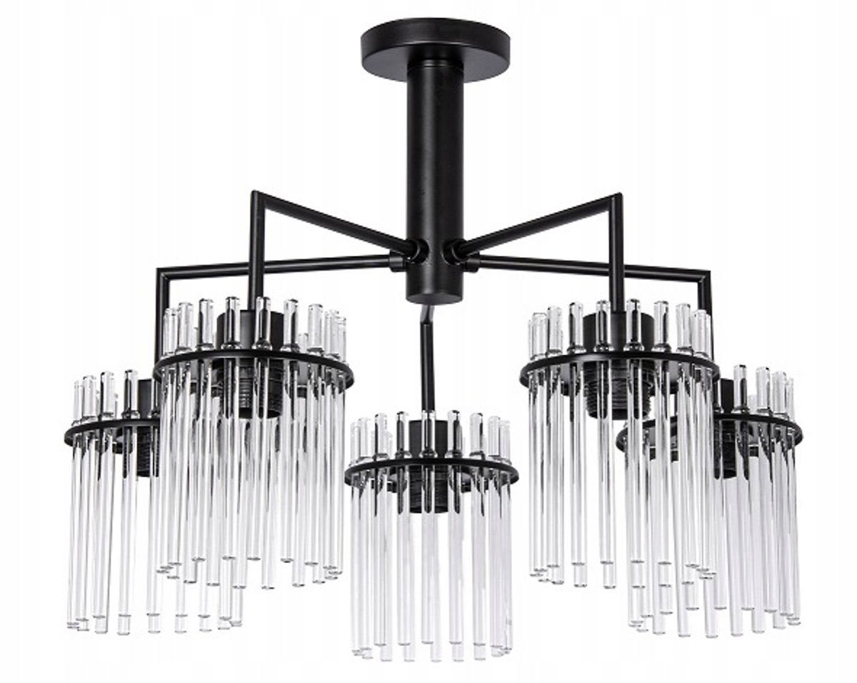 Elegante zwarte hanglamp met glazen buis, 5x E27, voor slaapkamer