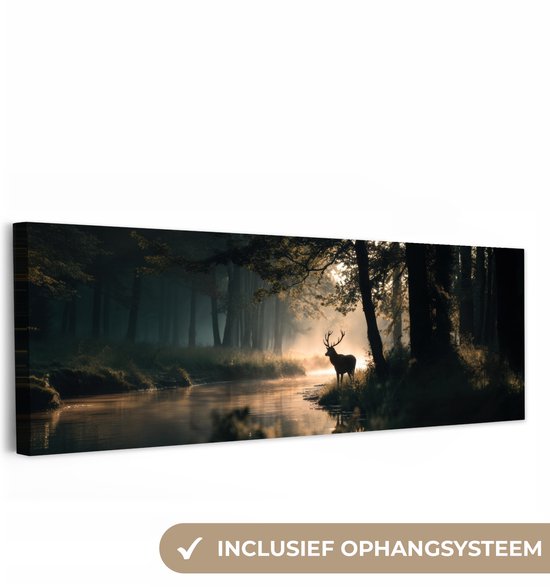 Canvas schilderij 150x50 cm - Exclusieve wanddecoratie Hert - Bosbeek - Mystiek - Muurdecoratie woonkamer - Slaapkamer decoratie - Kamer accessoires - Schilderijen op canvas