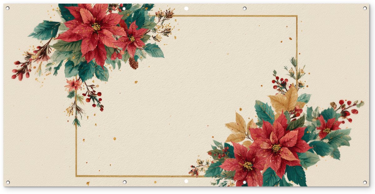 Tuinposter met Kerst Poinsettia-motief, kleurrijk en omlijst, geschikt voor tuindecoratie.