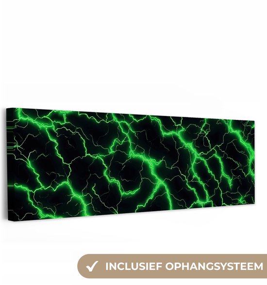 Canvas schilderij 150x50 cm - Exclusieve wanddecoratie Gaming - Bliksemflitsen - Groen - Energie - Muurdecoratie game room - Gaming kamer decoratie - Gameroom accessoires - Schilderijen