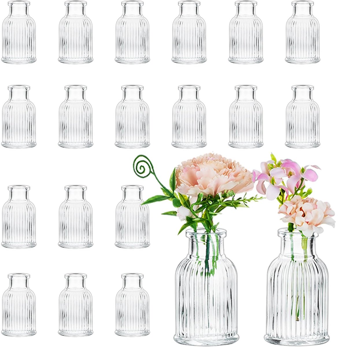 Unyqoos Set van 20 miniatuur glazen vazen voor stijlvolle tafeldecoratie en evenementen Transparant