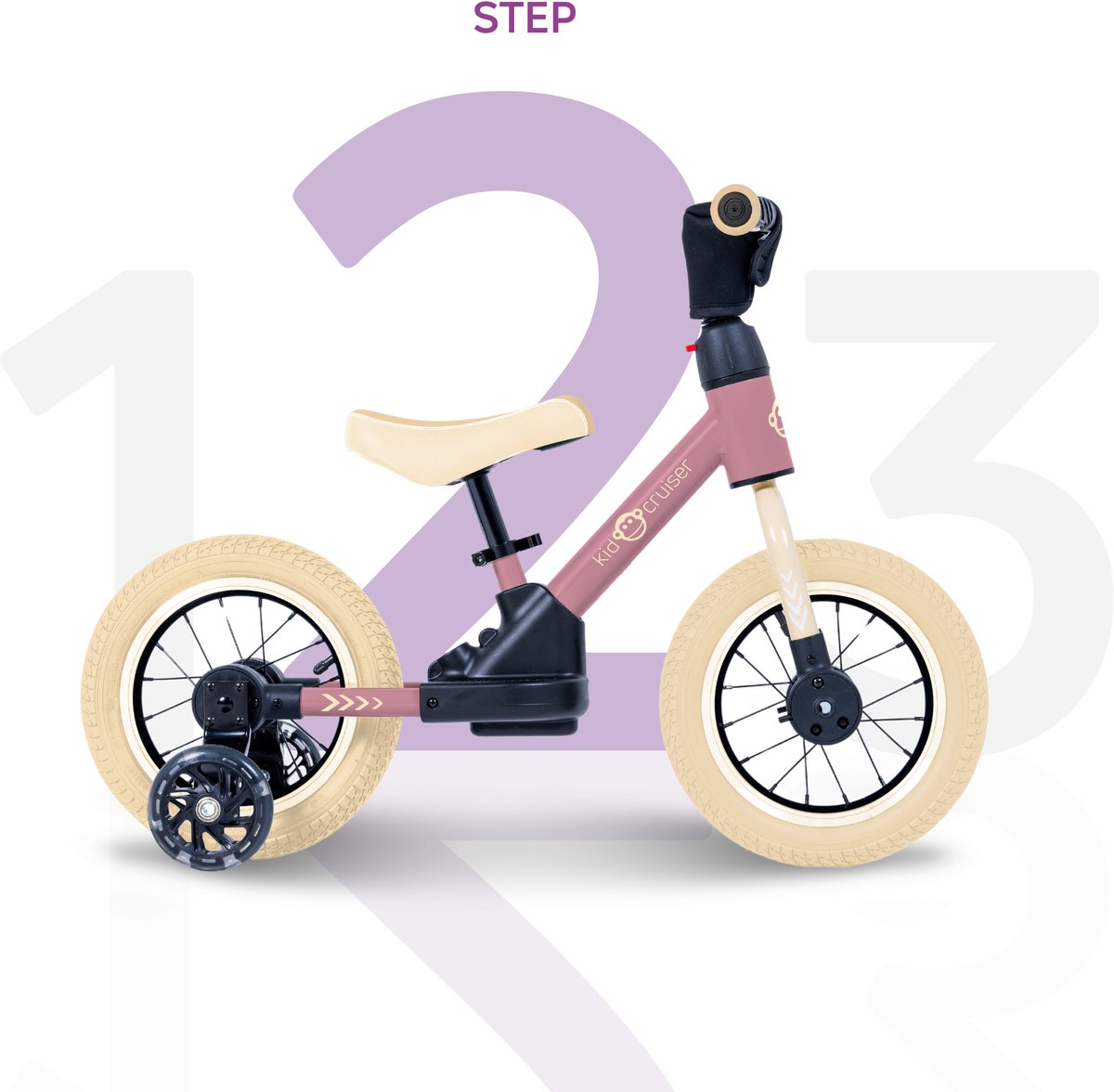 Kidcruiser Loopfiets 2+ jaar - Optioneel met LED Zijwieltjes & Trappers - 3-in-1 Kinderfiets - 12 inch – Roze & Creme wit – Modulair Design — afbeelding 3