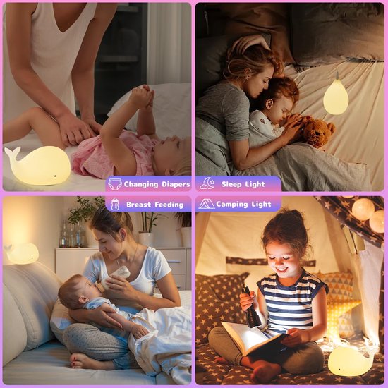 Kindernachtlampje van siliconen - Kinderlamp in de vorm van een walvis - Babylamp met 8 kleuren die verandert - Oplaadbare LED-tafellamp - Nachtlampje voor op het nachtkastje - Geschikt voor kinderkamers en babykamers - Wit van Flow nóg. — afbeelding 5