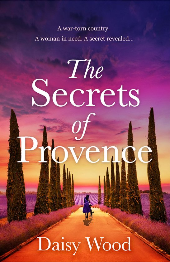 Boek The Secrets of Provence, een vrouw in een oorlogszuchtig land, met lavendelvelden, cipressen en een paarsroze zonsondergang.