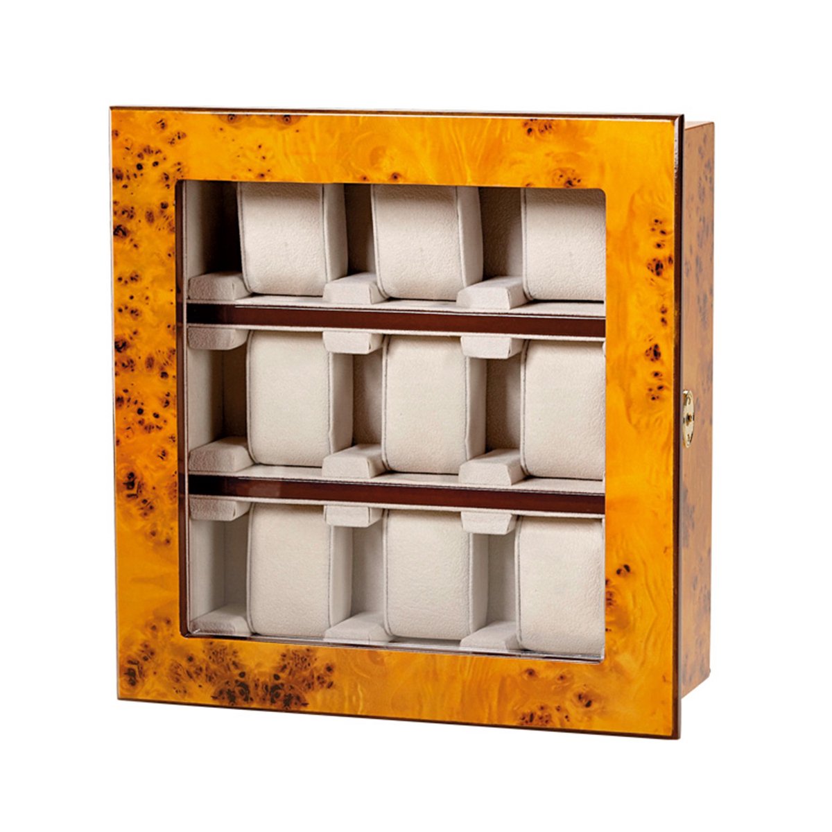 Aantrekkelijke vitrine voor 9 horloges - Om neer te zetten of op te hangen - Iepenhouten look - Echt glazen deurtje (afsluitbaar) - Afmetingen: 28,5 x 29,2 x 10,3 cm
