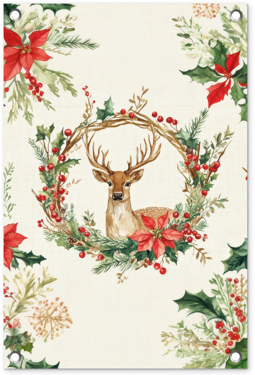 Tuinposter met kerstkrans, hert, hulst, rood - Buiten decoratie - 40x60 cm