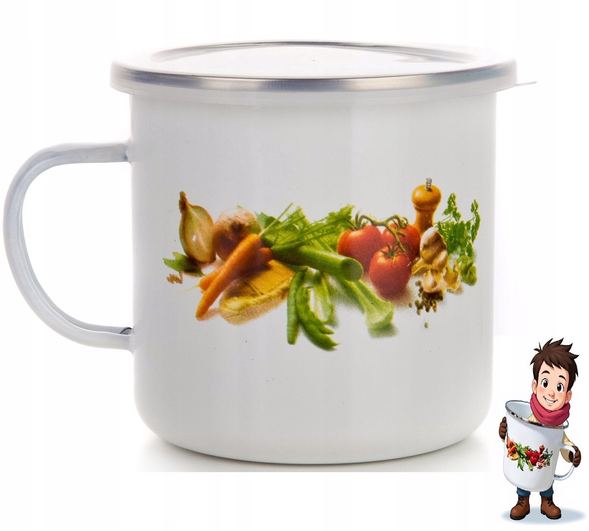 Emaille Mok met Deksel 0,7L Groenten - Camping & Keuken