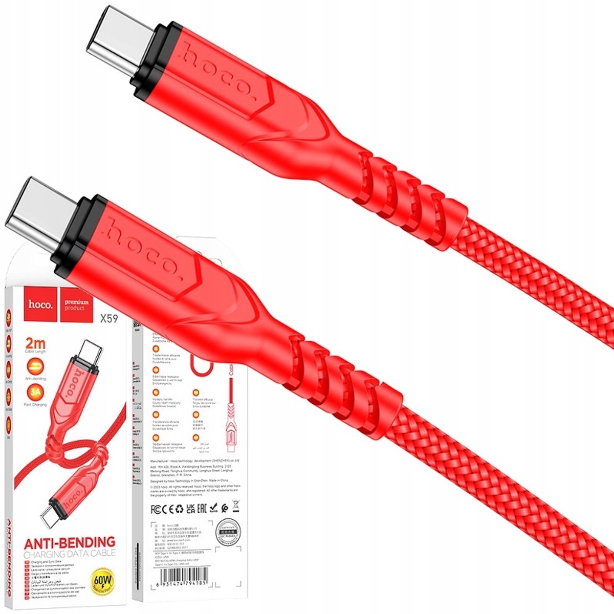Hoco X59 Victory USB-C naar USB-C kabel 60W PD 2M Nylon Rood