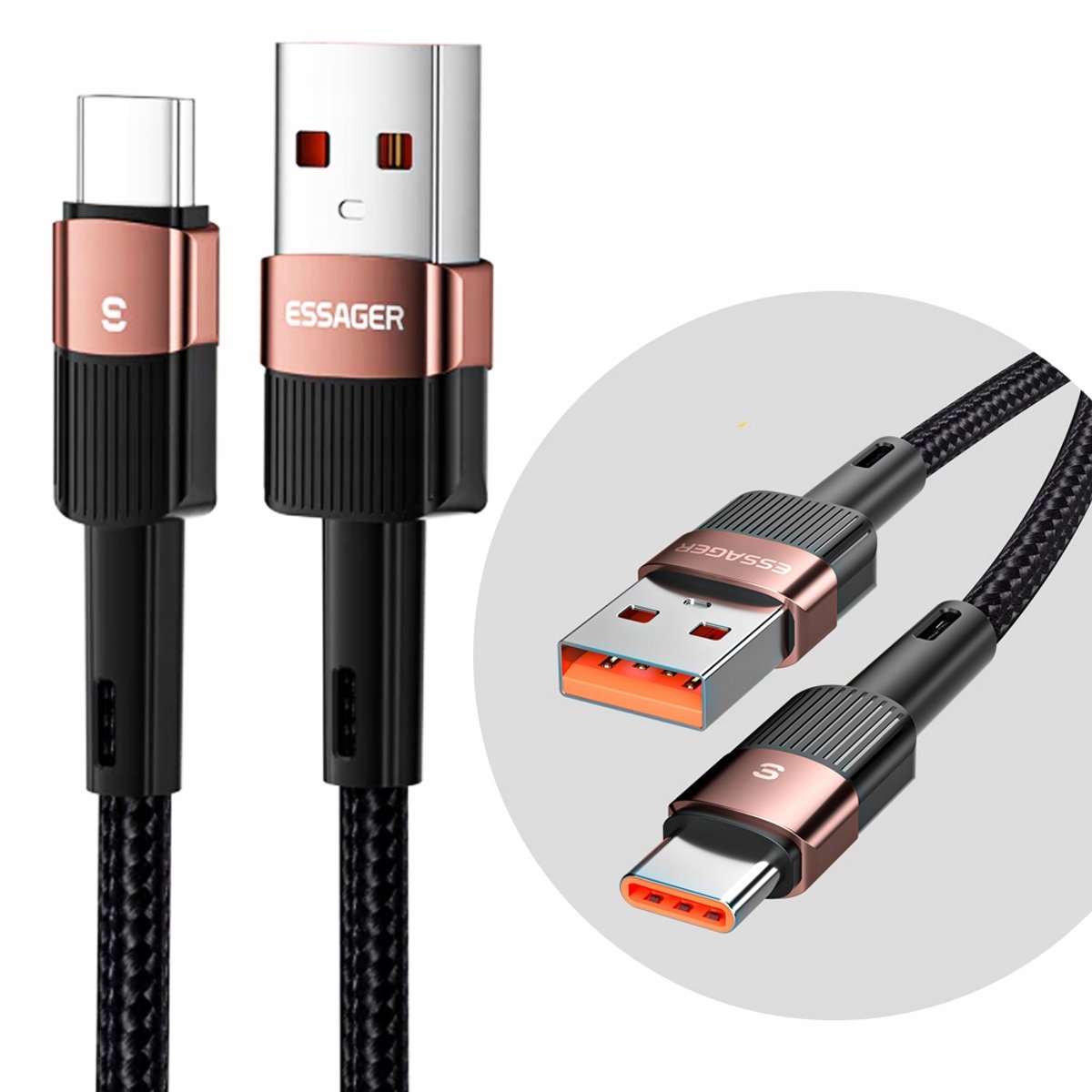 ESSAGER USB-C Kabel 2m 6A 66W QC4.0 Nylon Zwart
