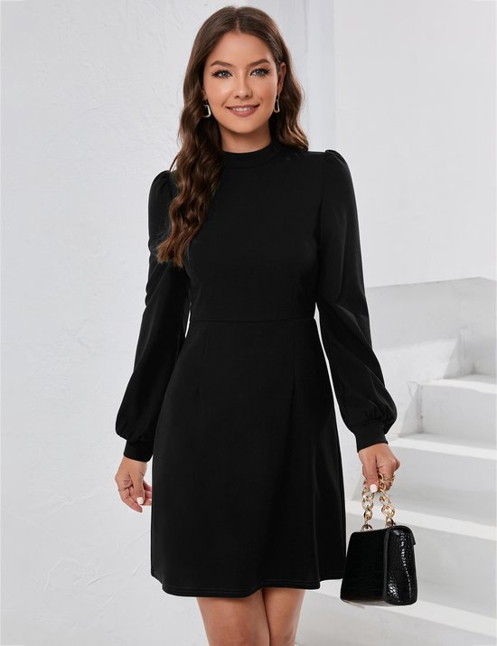 Foto: Jurk dames potloodjurk elegante zakelijke jurk lange mouw effen kleur knielengte a lijn hoge taille wikkeljurk zwart l