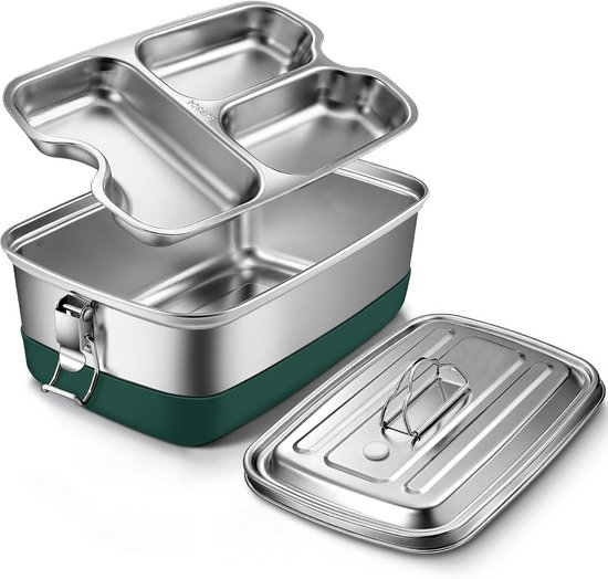 Lunchbox volwassenen-lunchbox kinderen-lunchbox rvs-hoogwaardige lunchbox van roestvrij staal - 2000 ml, lekvrij - lunchbox met 3 compartimenten, lunchbox, metaal - milieuvriendelijk en BPA-vrij, bentobox, snackbox - 22x15,5x9cm