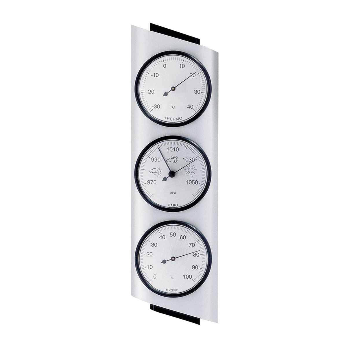 Weerstation, van aluminium, met hygrometer, barometer en thermometer, voor buiten, zilver, 34 x 10 cm