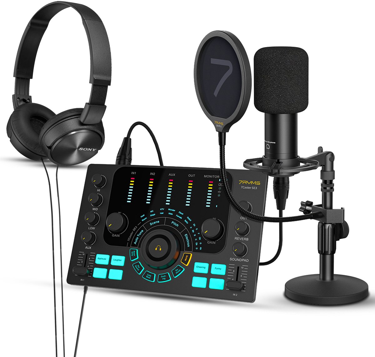 7RYMS Podcast Kit Solo Podcast Set - Complete Set met Audio Mixer, Microfoon en Koptelefoon - Met Ingebouwde Accu & 2 XLR Ingangen - Zwart