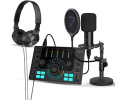 7RYMS Podcast Kit Solo Podcast Set - Complete Set met Audio Mixer, Microfoon en Koptelefoon - Met Ingebouwde Accu & 2 XLR Ingangen - Zwart