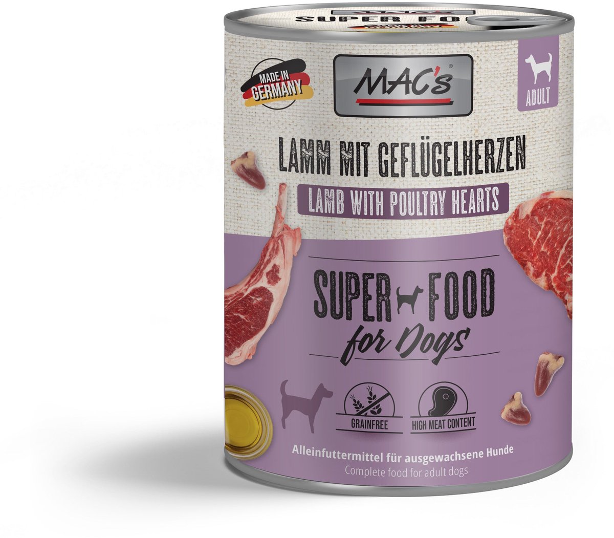 MAC's Hondenvoer Natvoer Blik - 70% Lam & Gevogeltehart - 6 x 800g