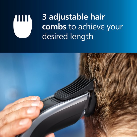 Man trimt achterhoofd met Philips tondeuse en opzetkam, met tekst "3 adjustable hair combs".