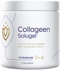Witte pot met gouden logo en blauwe tekst. Vitakruid Beauty Collageen Solugel 99% puur collageen met Vitamine C en D 250 gram.