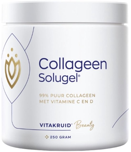 Witte pot met gouden logo en blauwe tekst. Vitakruid Beauty Collageen Solugel 99% puur collageen met Vitamine C en D 250 gram.