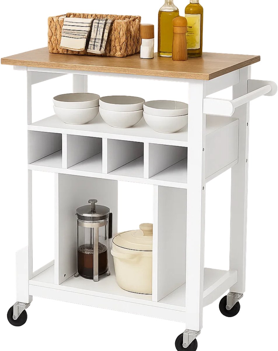 Lomera Keukentrolley op Wieltjes - Stijlvolle Keukentrolley - Keuken Trolley - Serveerwagen - Opbergtrolley - Moderne Keukentrolley - Trek- Duwgreep - Handdoekhouder - Chique Uitstraling - Bruine Bovenblad - 4 Zwenkwielen - Keukenwagen