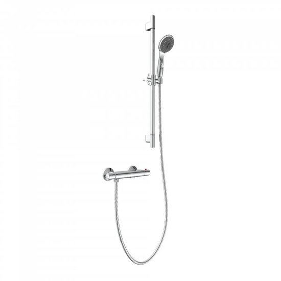 Verchroomde doucheset met thermostaatkraan, glijstang en handdouche met slang.