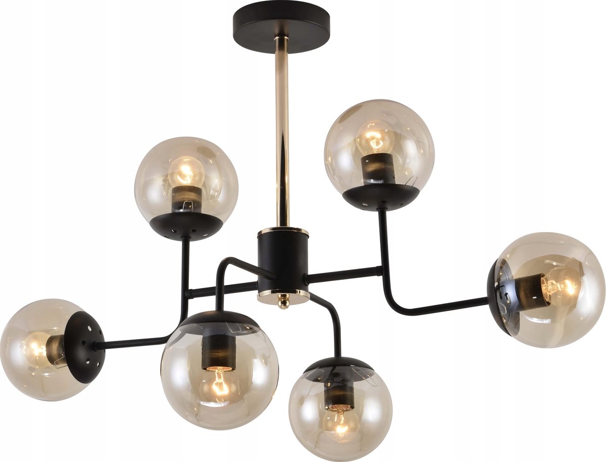 Laila 6 Hanglamp E27 Amber Glas Zwart/Goud - Stijlvolle Verlichting