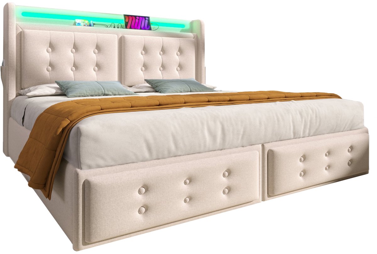 Merax Gestoffeerd Tweepersoonsbed 160x200 cm – Bed met LED Verlichting- USB-C oplaadfunctie en 4 opberglades - Beige