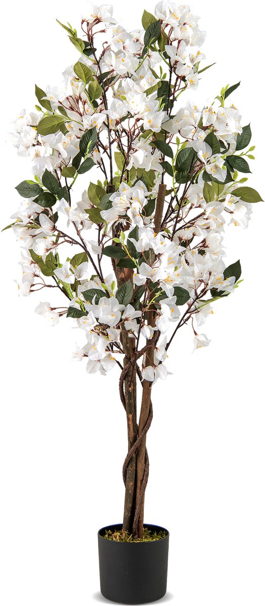 COSTWAY Kunstboom met bloemen, 120 cm, kunstplant in pot, kunstmatige bougainvillea boom, nep potplant, kunstplanten voor binnen en buiten, slaapkamer, kantoor, tuindecoratie (wit, 1)