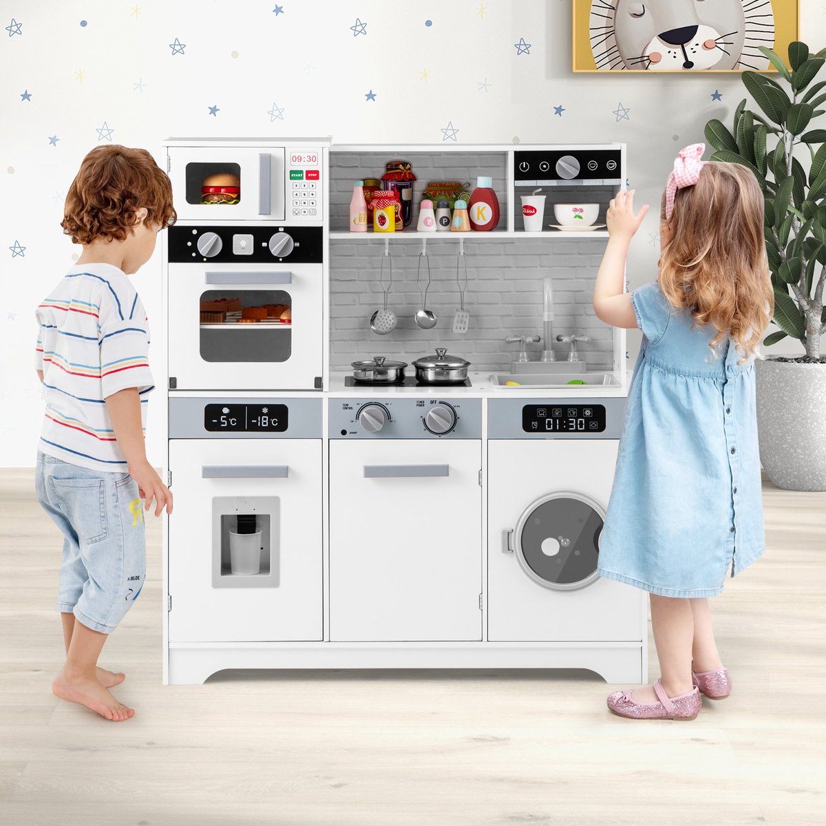 COSTWAY Houten kinderkeuken met wasmachine, gootsteen, waterdispenser, magnetron, oven, gebruiksvoorwerpen, speelkeuken met licht en geluid, voor kinderen vanaf 3 jaar — afbeelding 7