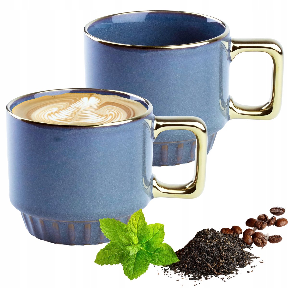 2x Keramische Mok Donkerblauw Goud 320ml Stapelbaar Festa Italia