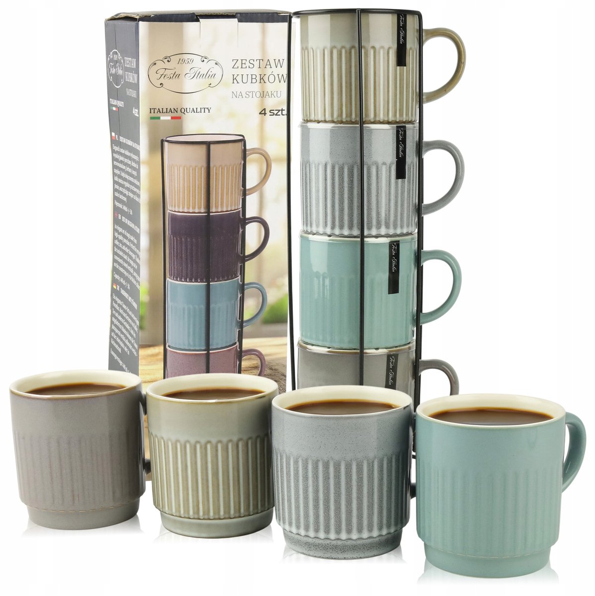 Keramische Mokken Set 4x 440ml met Metalen Standaard - Kleurrijk