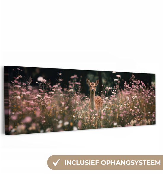 Canvas schilderij 150x50 cm - Exclusieve wanddecoratie Hert - Wilde bloemen - Bos - Muurdecoratie woonkamer - Slaapkamer decoratie - Kamer accessoires - Schilderijen op canvas