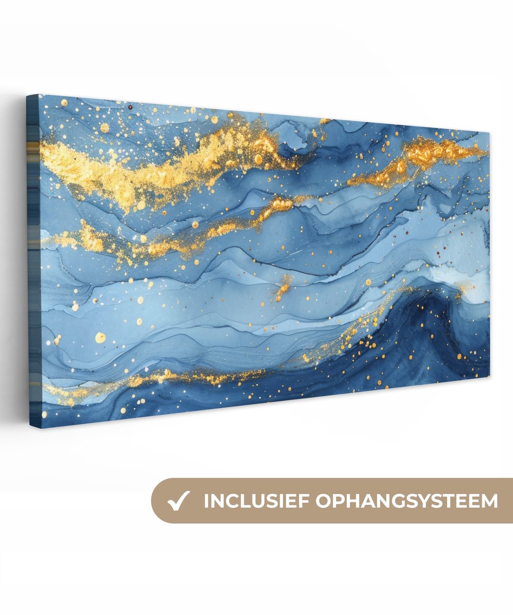 Canvas schilderij 160x80 cm - Wanddecoratie badkamer Watercolor - Blauw - Kunst - Goud - L