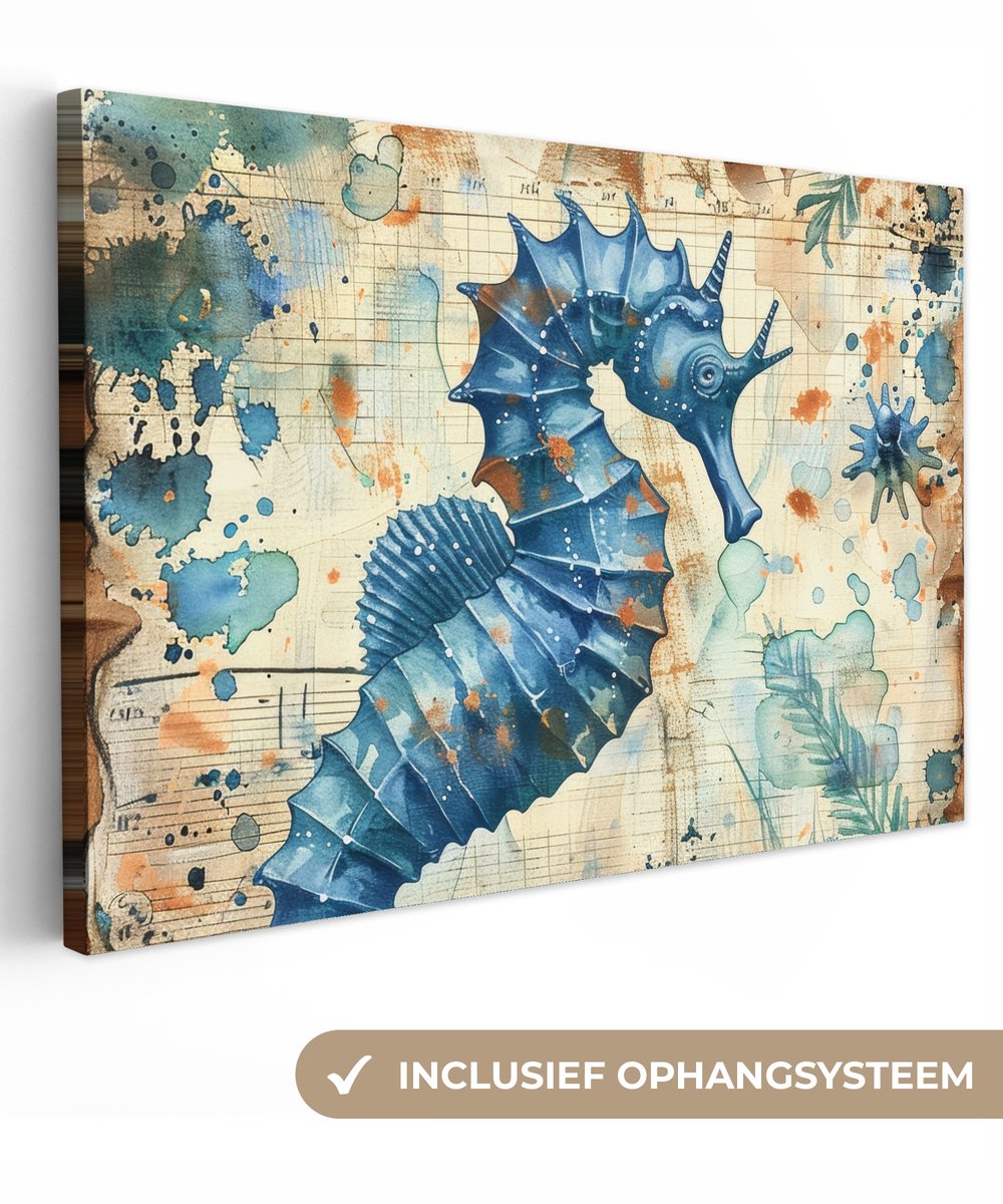 Canvas schilderij 90x60 cm - Wanddecoratie badkamer Vintage - Zeedieren - Zeepaardje - Wat