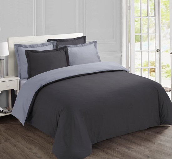 VISION Bicolor - Tweezijdig omkeerbaar Dekbedovertrekset - 100% katoen: zacht en soepel - Kingsize - Dekbedovertrek 260 x 240 cm met 2 bijhorende slopen - Antraciet / Grijs - Oekotex gecertificeerd