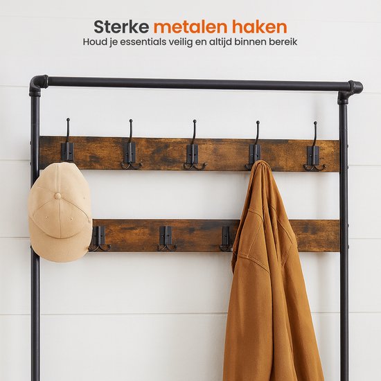 Stoere Industriële Garderobe Met Spiegel Voor In De Gang, Kapstok Met Schoenenbank Met Spiegel Vintage Bruin