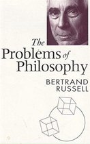Boekomslag van 'The Problems of Philosophy' van Bertrand Russell, met een portret van Russell en twee kubussen.