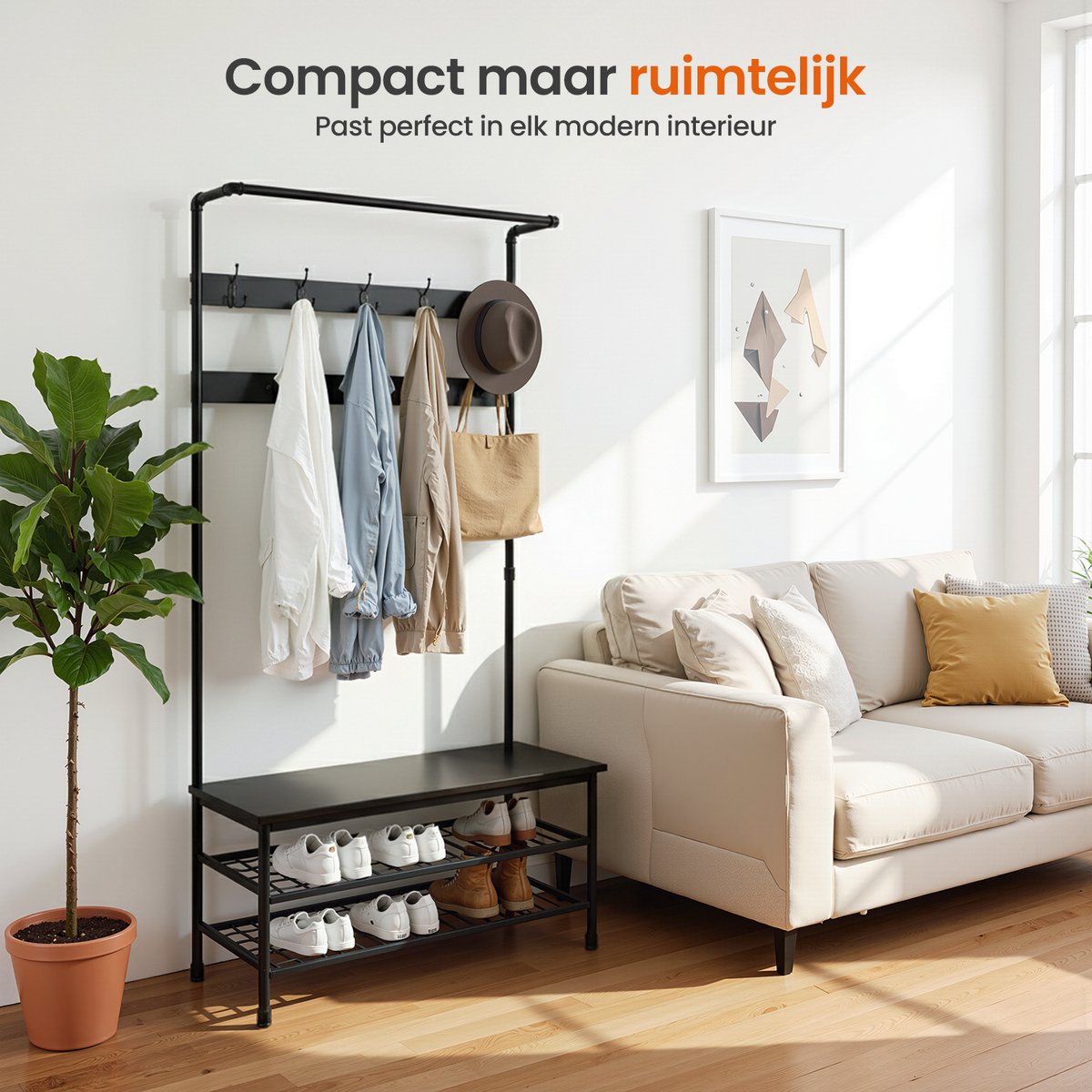 Goliving Kapstok XL – Garderoberek – Schoenenrek – Kledingrek – Staand – Industriële kast – Metaal/Hout – 100 x 41.5 x 182 cm – Zwart – foto 6