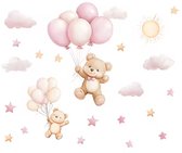 Muursticker « Ours, Ballons, nuages et étoiles » - Ours en peluche - 60 x 49 cm - Chambre de bébé - Chambre d'enfant - PVC autocollant - Fille