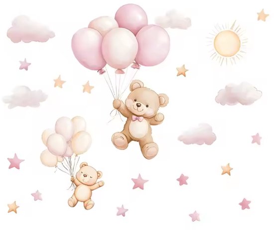 Muursticker 'Beren, Ballonnen, Wolken & Sterren' - Teddybeer - 60x49cm - Babykamer - Kinderkamer - Zelfklevend PVC - Meisje