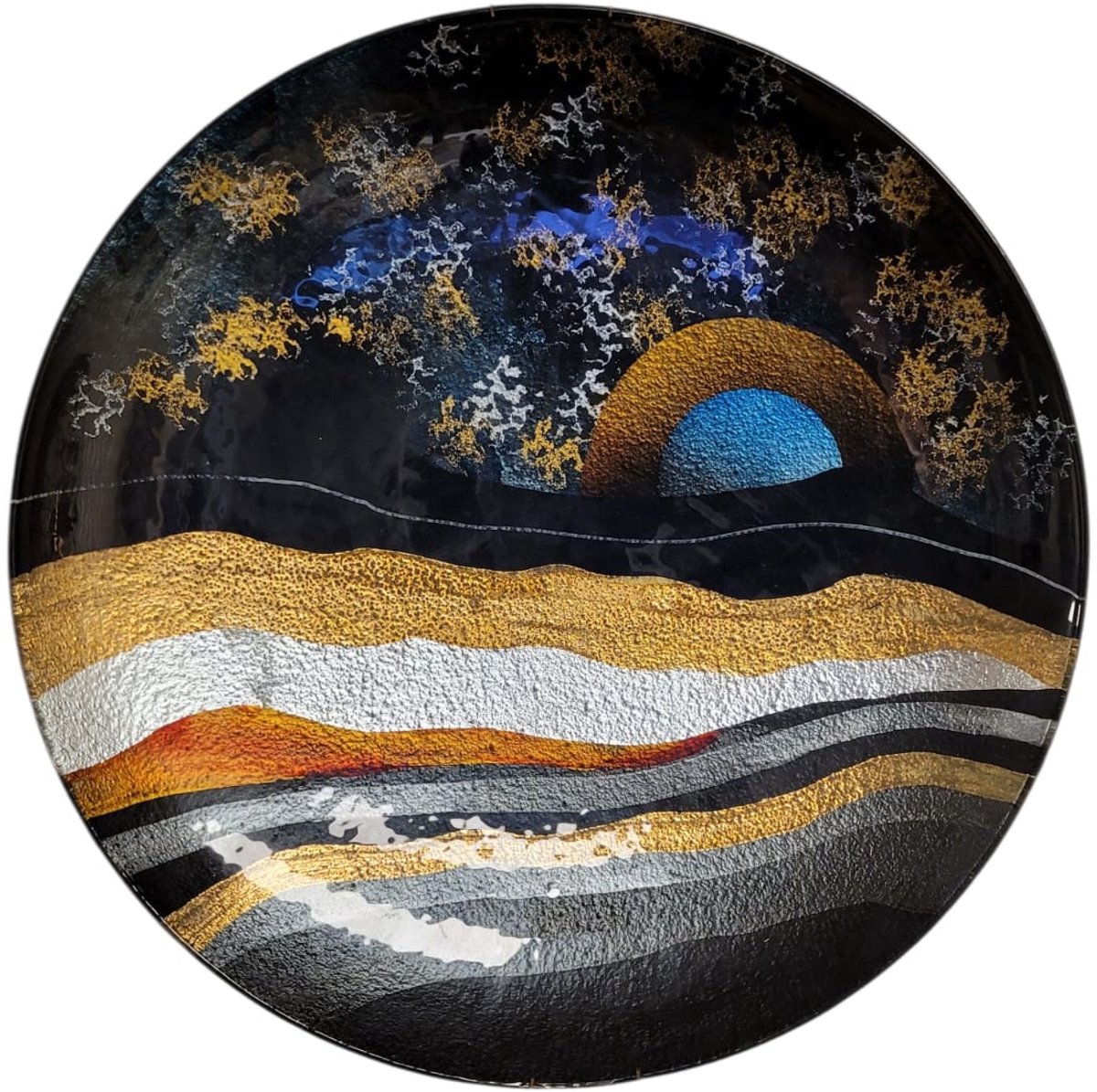 muurdecoratie glas zonsondergang - zwart goud blauw zilver - glas 47 cm schilderij