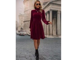 Fluwelen jurk voor dames, korte, elegante satijnen cocktailjurk met lange mouwen, A-lijn formele jurk Bordeaux XL