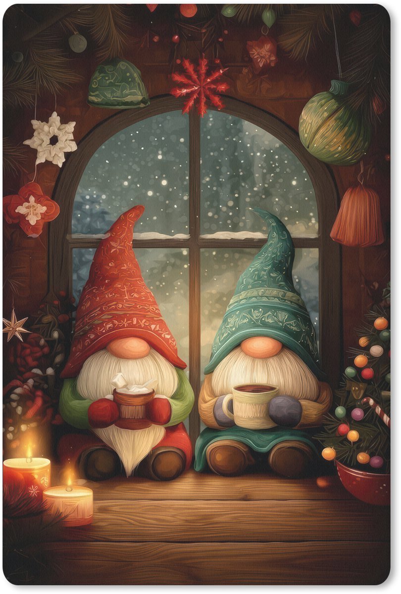 Muismat 18x27 cm - Mousepad Gnooms - Kerst - Raam - Kleurrijk - Muismatten
