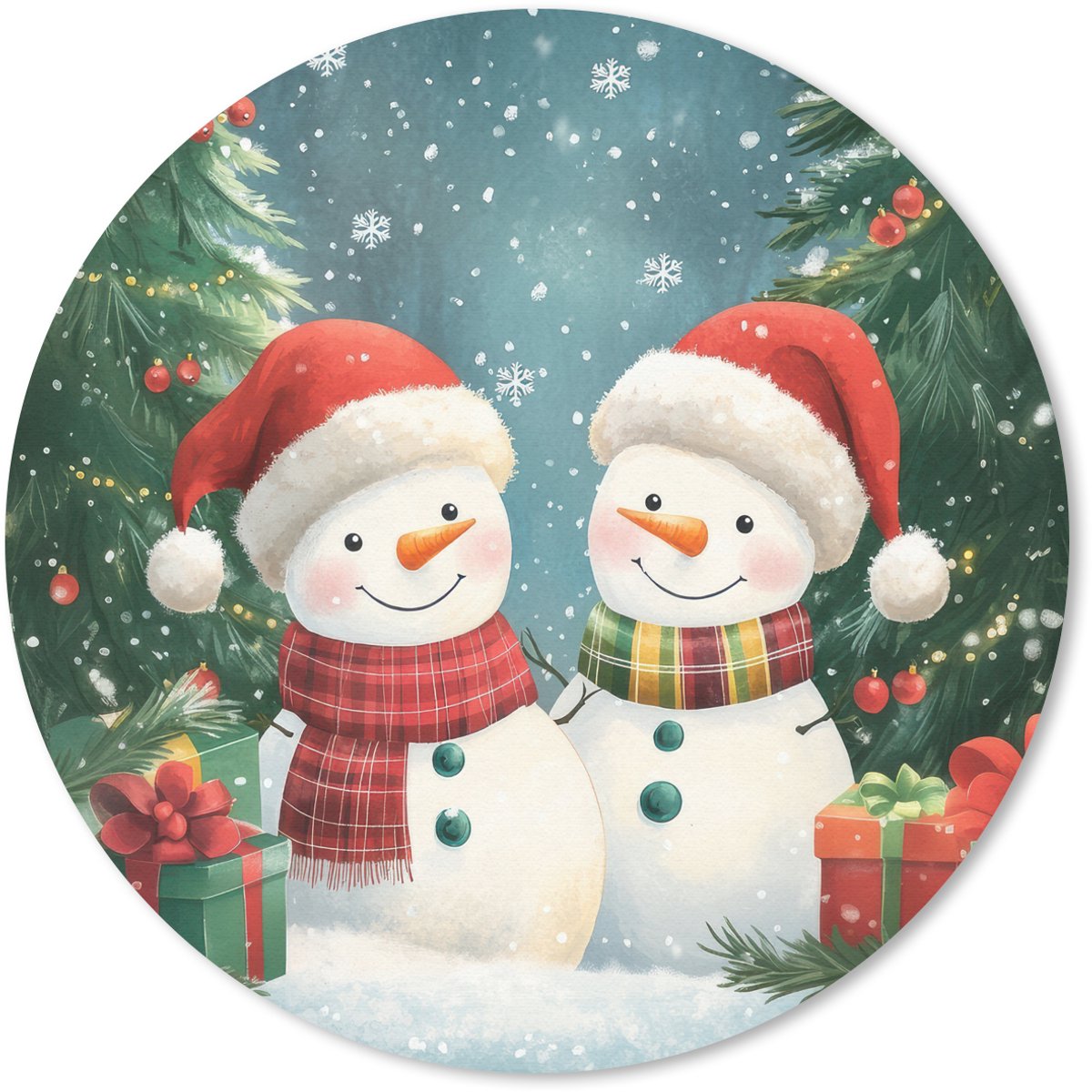 Muismat rond 30x30 cm - Mousepad Sneeuwpop - Kerstsneeuw - Groen - Rood - Ronde muismatten