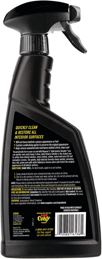 Arrière d'une bouteille noire de nettoyant détaillant intérieur Meguiar's Quik avec des instructions.