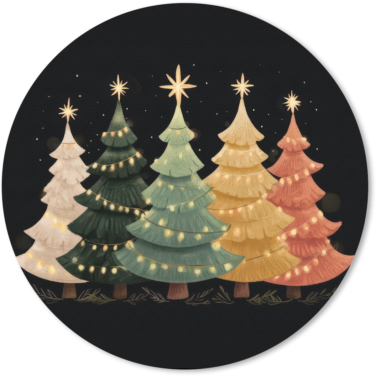 Muismat rond 40x40 cm - Mousepad Kerstbomen - Kleurrijk - Lichtjes - Ster - Ronde muismatten