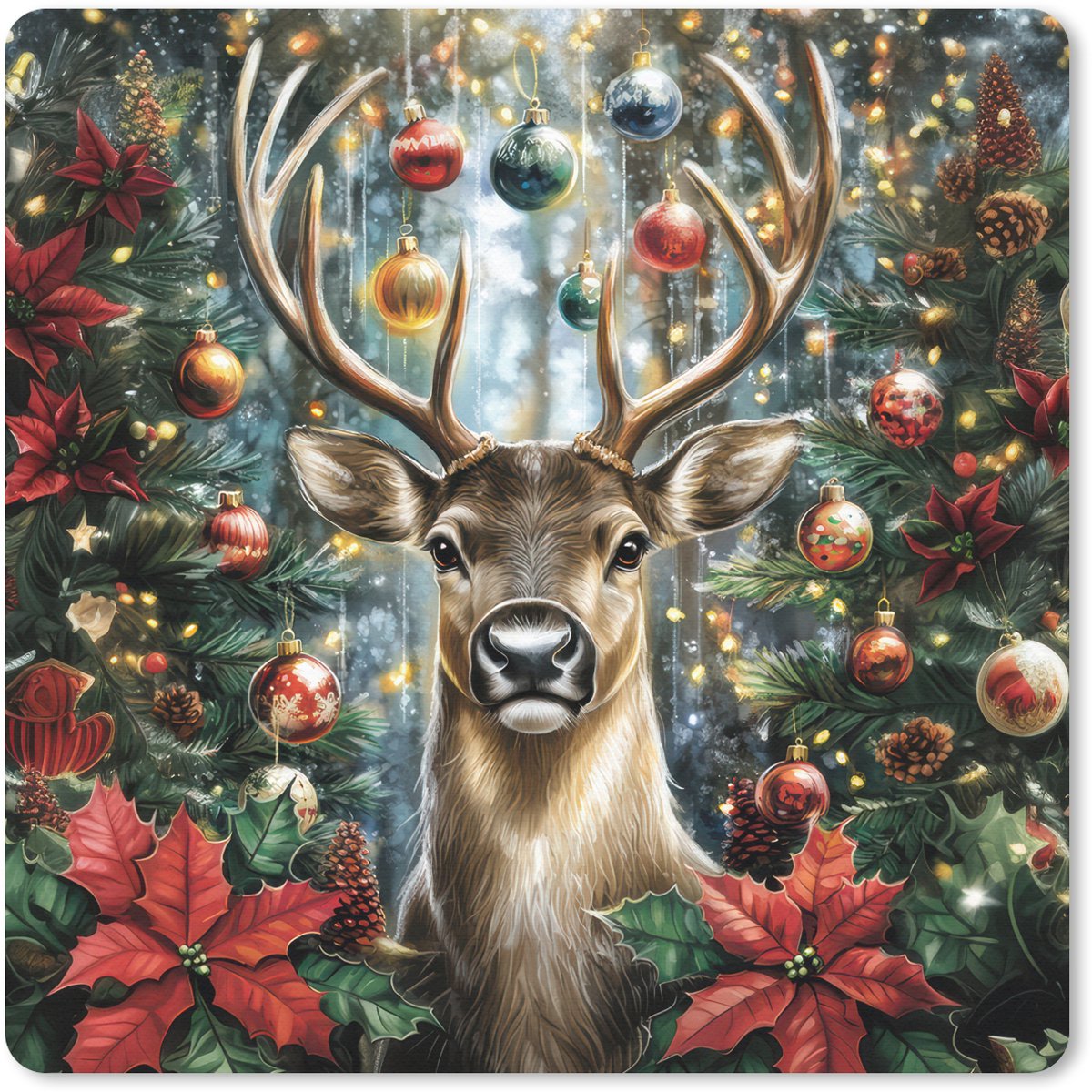 Muismat 20x20 cm - Mousepad Kerstfeest - Dennenbos - Rood - Muismatten