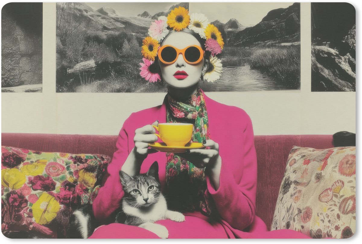 Muismat 27x18 cm - Mousepad Vrouw - Kat - Bloemen - Kopje - Retro - Muismatten